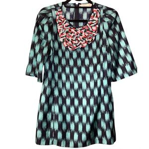 Lela Rose Silk Beaded Bib Patterned Puff Sleeve Top Size 4.